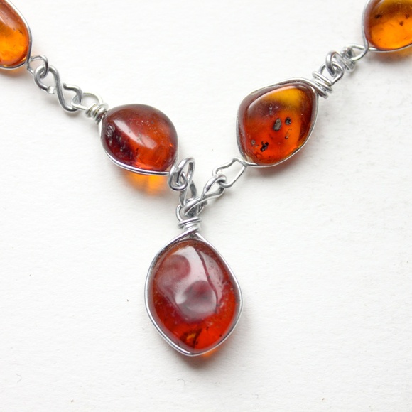 Vintage genuine amber gemstone necklace and bracelet wired set collier bracelet - Picture 10 of 13